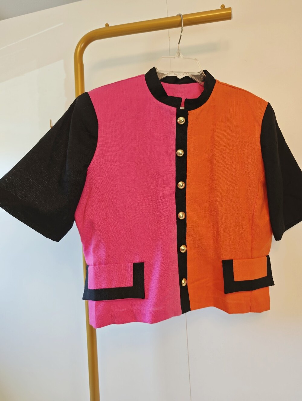 80s Vintage Pink & Orange Colorblock Short-Sleeve Blazer with Black Trim Sz 12